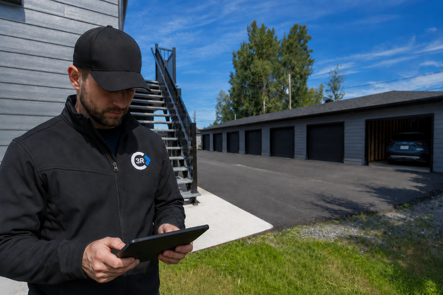 Gestionnaire C3R devant un immeuble résidentiel en Mauricie