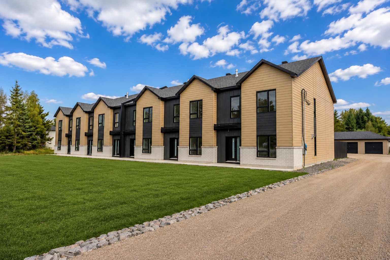 Ensemble résidentiel à Saint-Boniface en Mauricie, avec façades beige et anthracite.